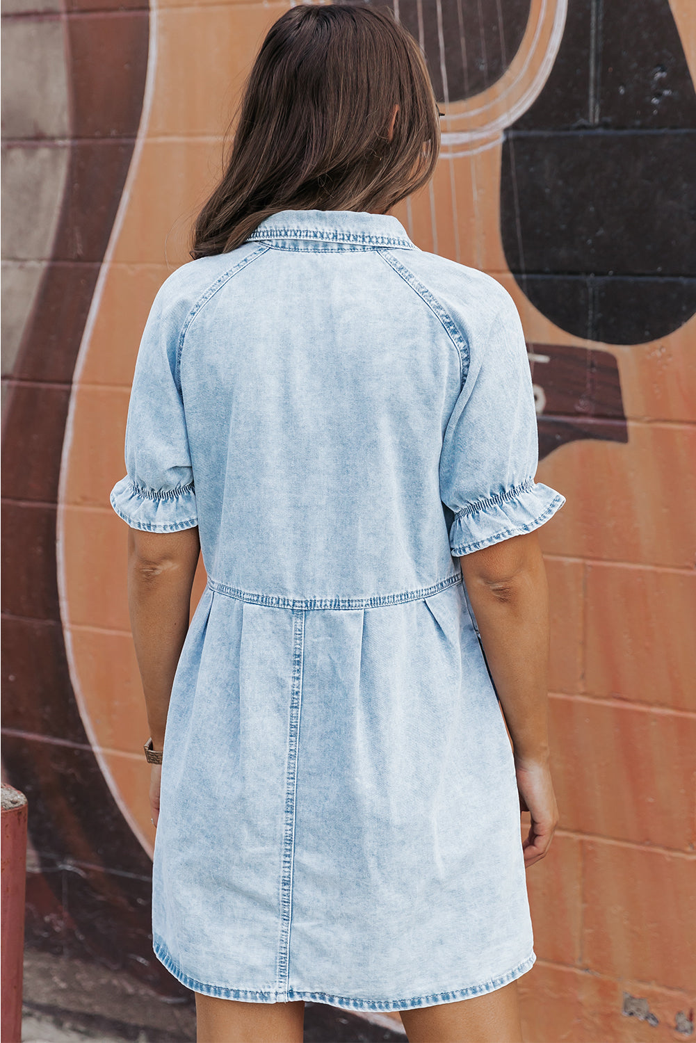 Women's Dress with Ruffle-Trimmed Denim Mineral-Washed