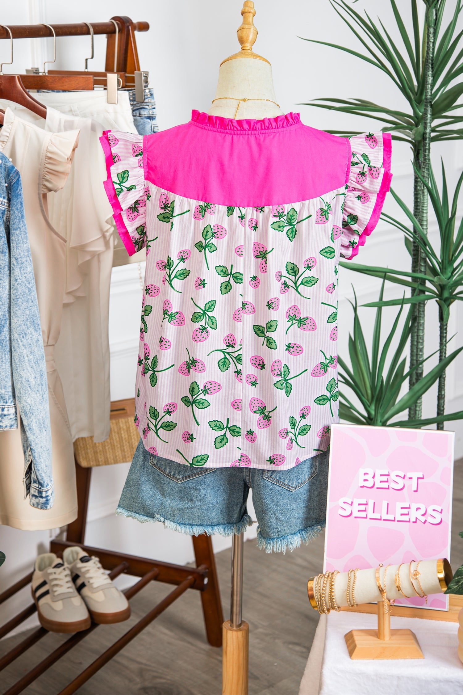 Printed Striped Strawberry Colorblock Patchwork V-Neck Flutter Sleeve Blouse