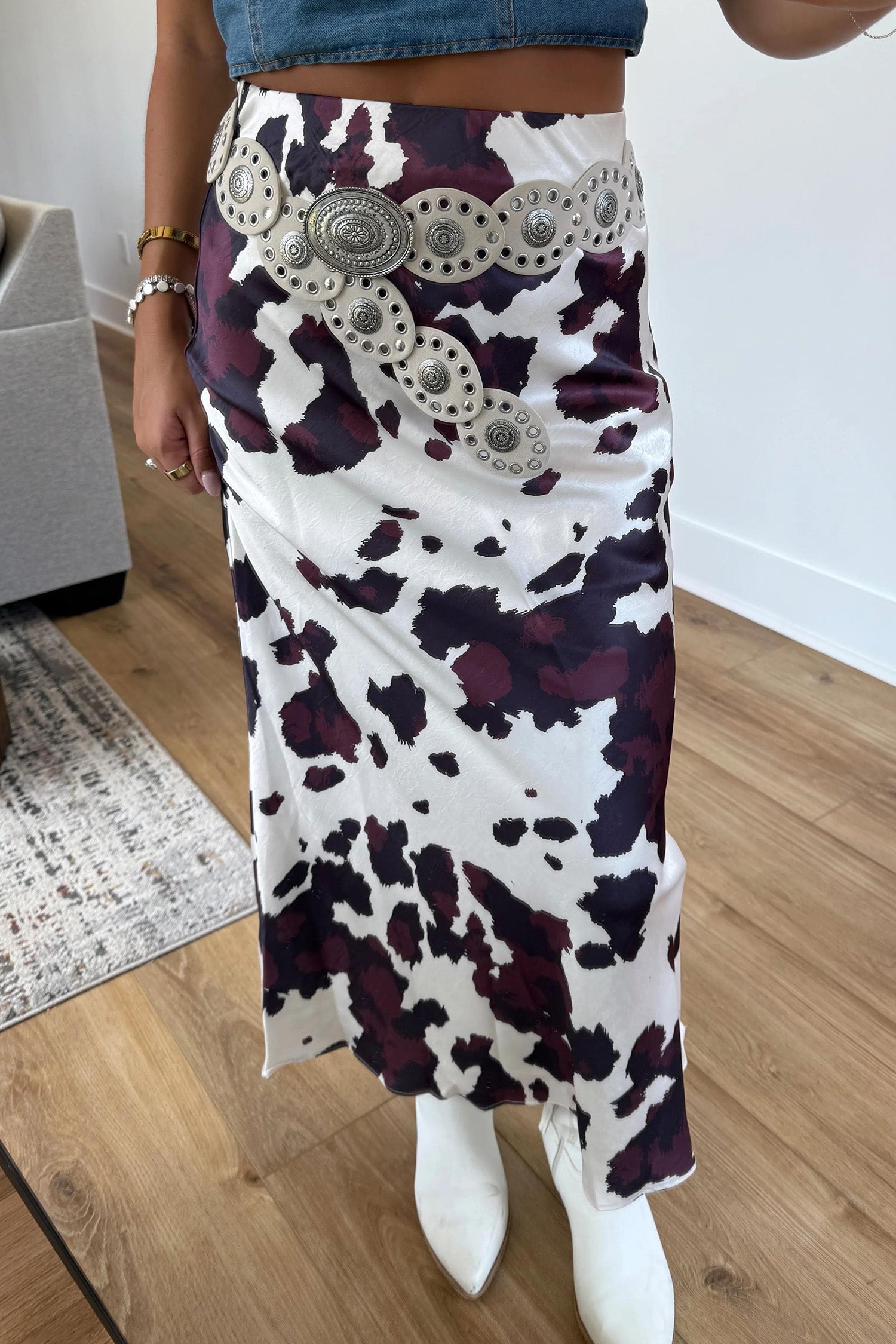 Abstract Long Print Western Metal Zip-Front Waist Daily Wear Skirt in Brown