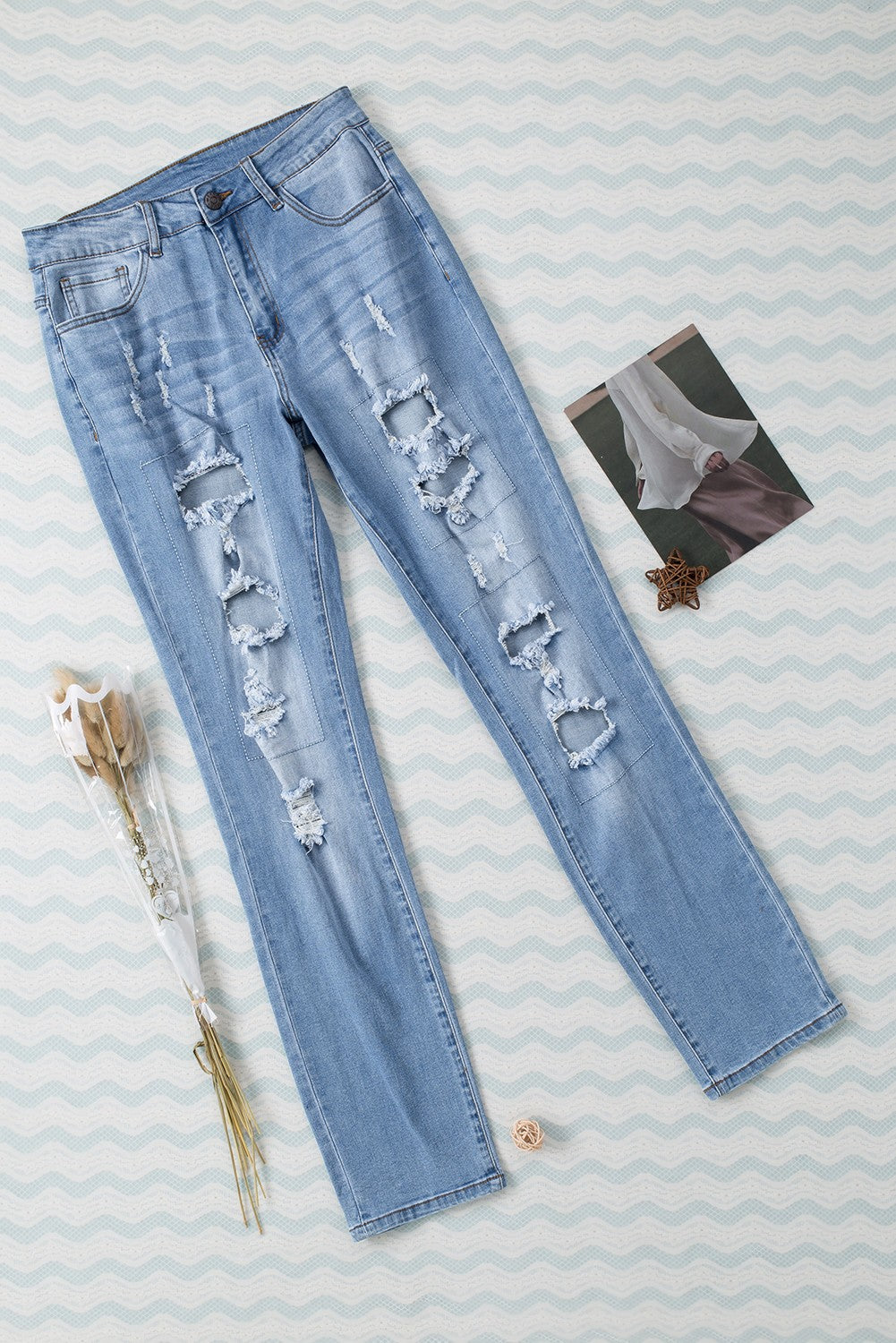 Women's Jeans Featuring Distressed Sky Blue Button-Front