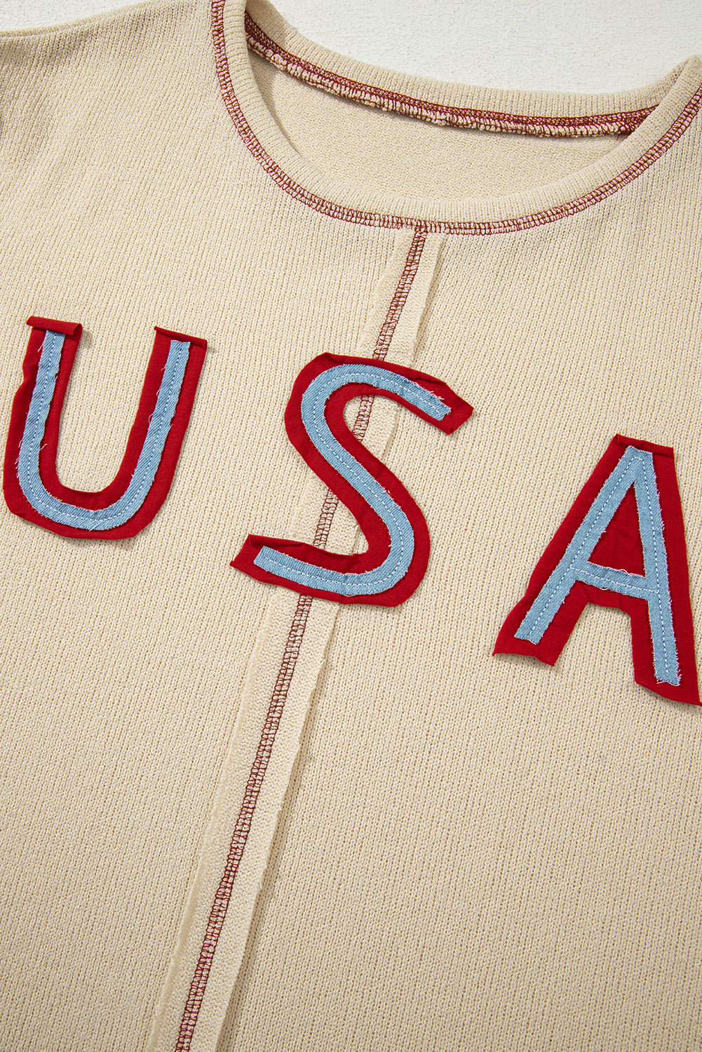 Contrast USA Star Patchwork Long-Sleeved Top in Beige