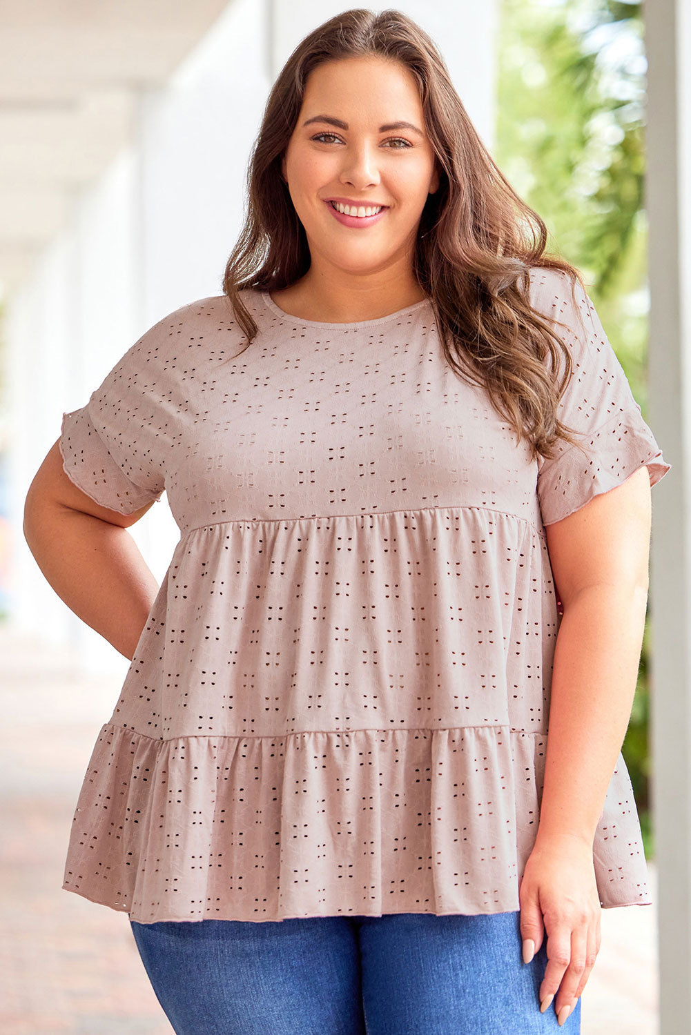 Babydoll Top for Women Plus Size Eyelet Pattern Ruffle-Trimmed Sleeve