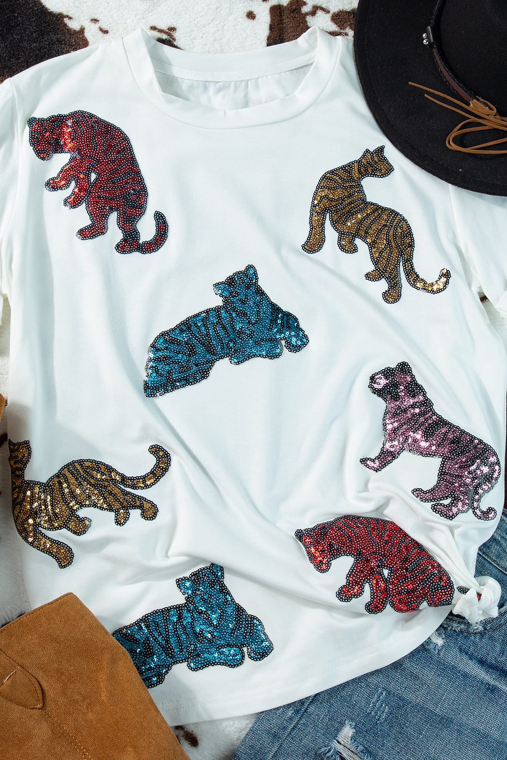 Women's T-shirt Featuring Shiny Tiger Patch Graphic-Print Summer