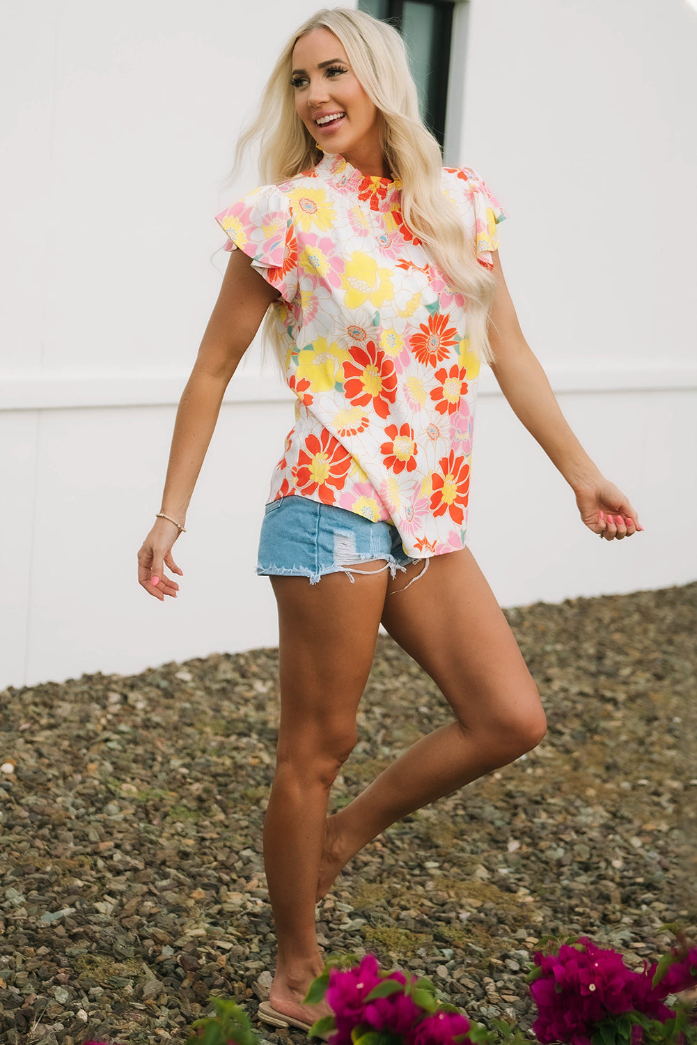 Women's Stand Collar Flutter Floral-Print Top