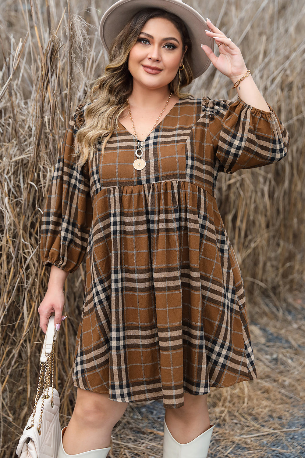 Women's Dress with Plus Size Babydoll Plaid V Neck