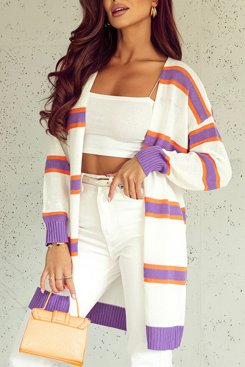 Women's Striped Rib-Knitted Trim Button Cardigan