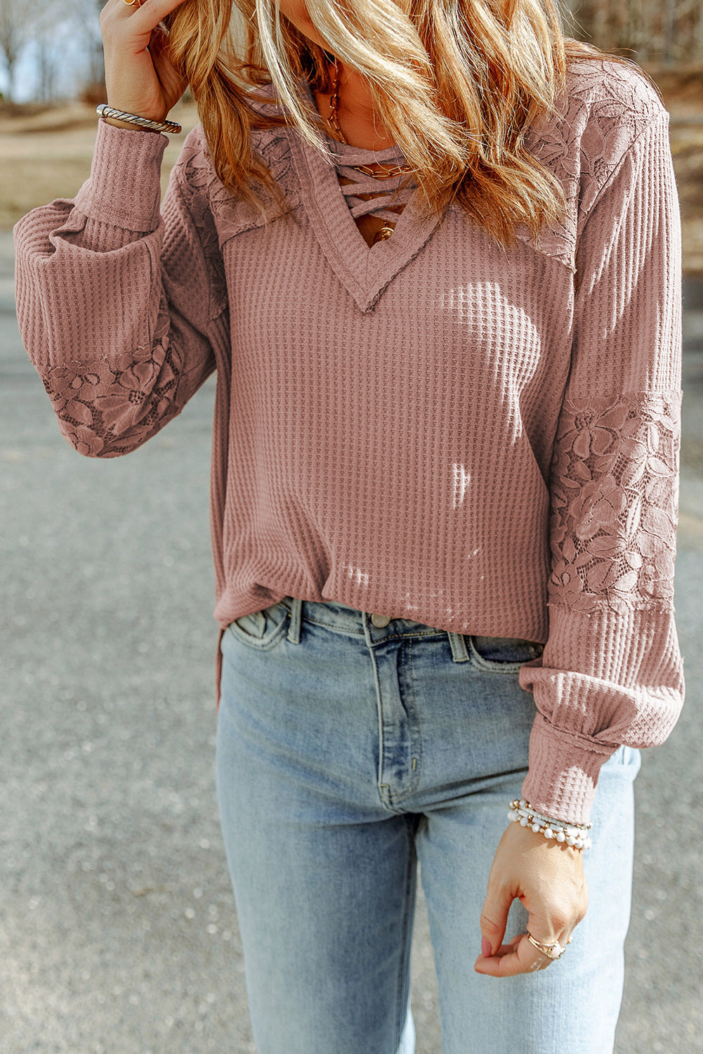 Women's Top with Long-Sleeve Lace-Trimmed Waffle V Neck