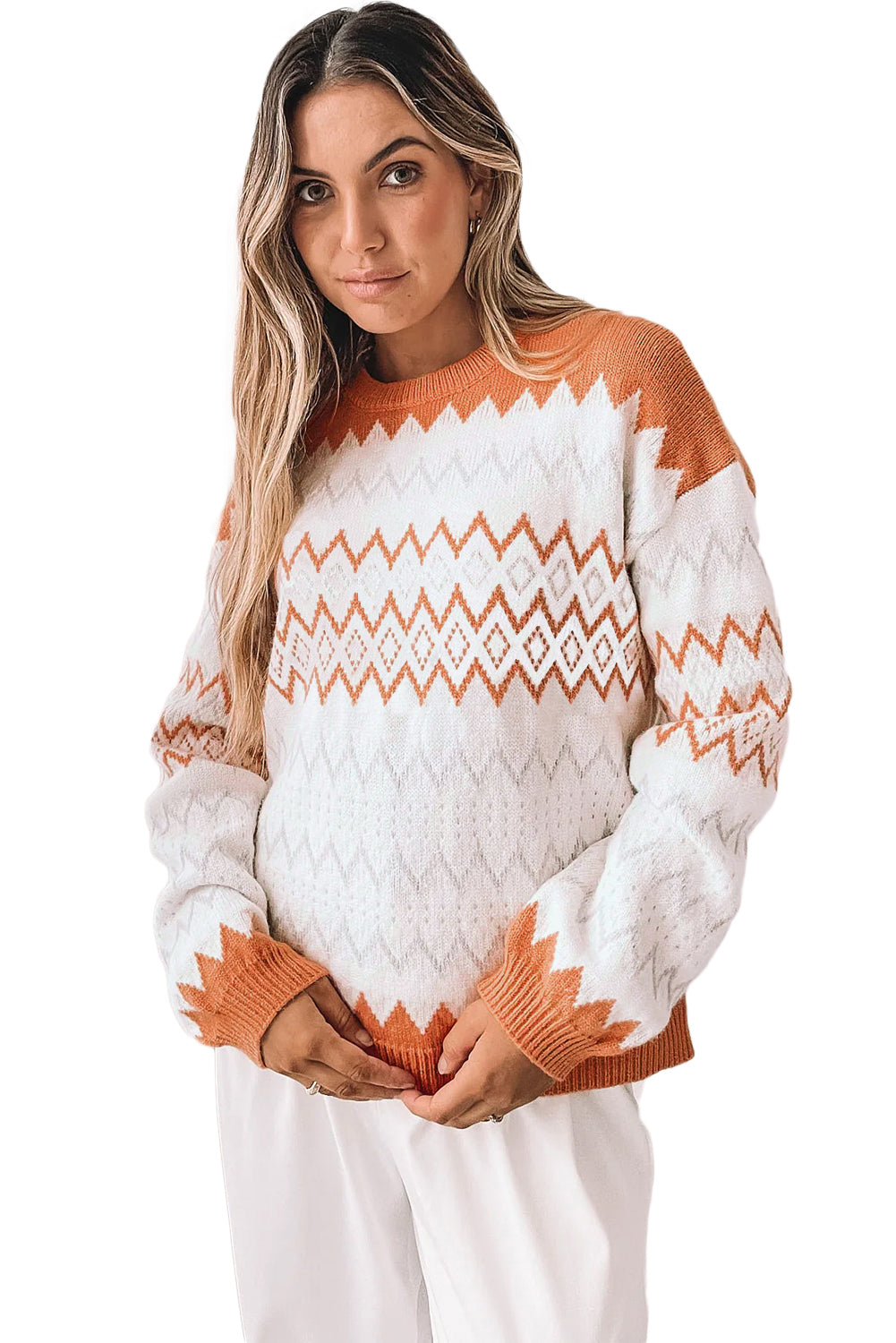 Zigzag Geometric Pattern Knit Pullover Knit Top