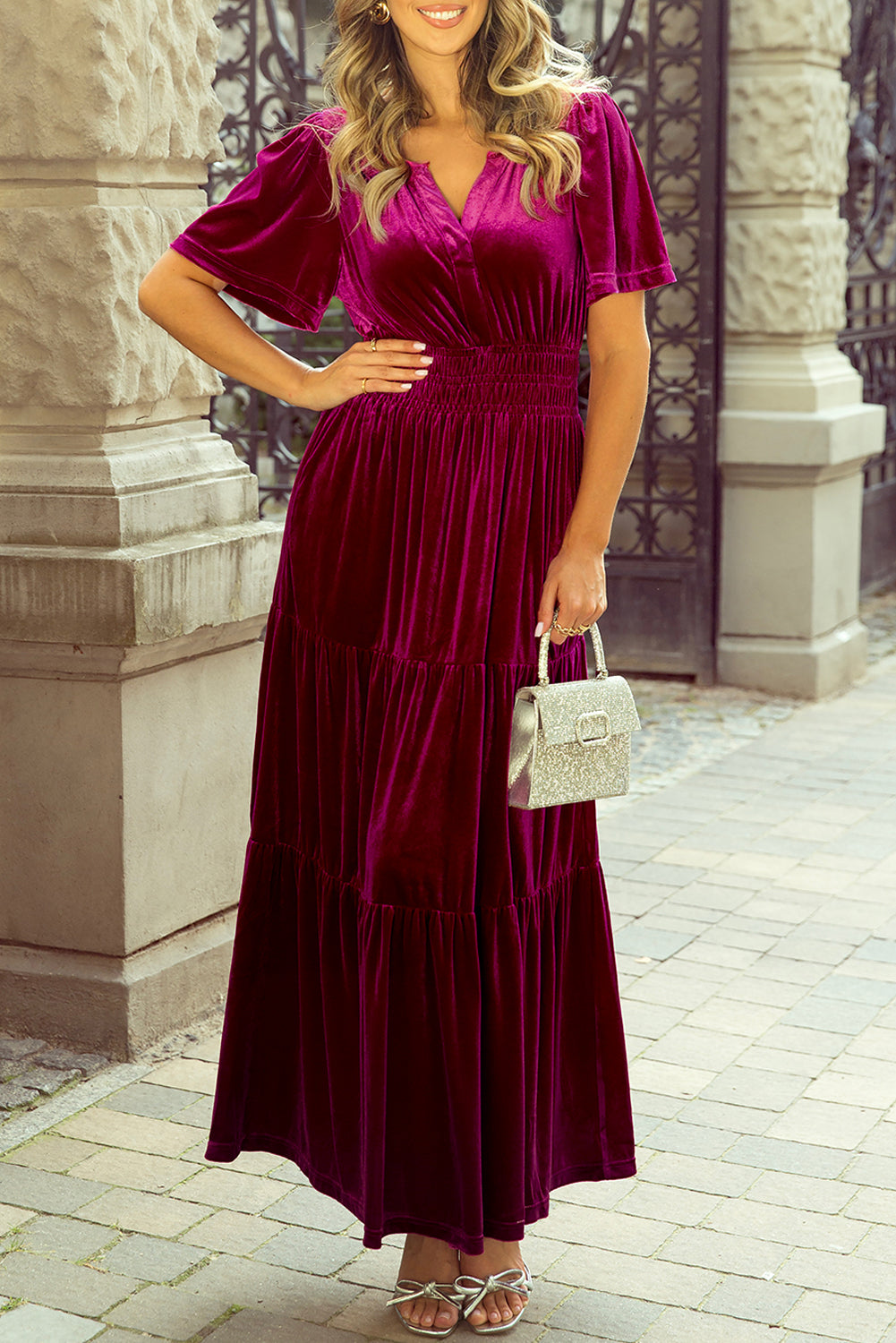 Women's Layered Velvet Shirred-Waist Maxi Dress