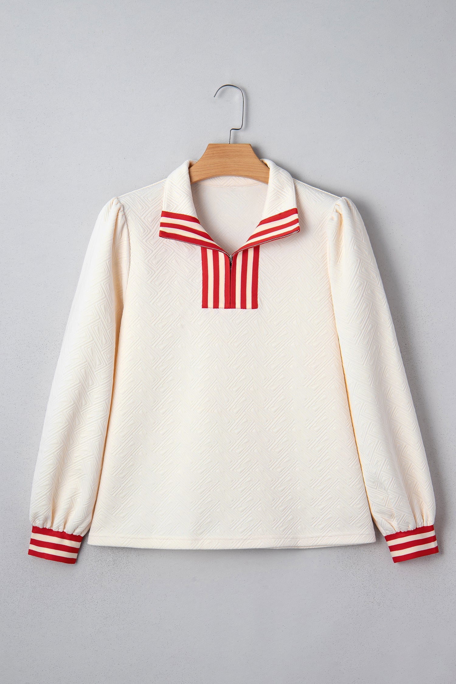 Contrast Textured Knit Striped Accent Zip Collar Pullover Top