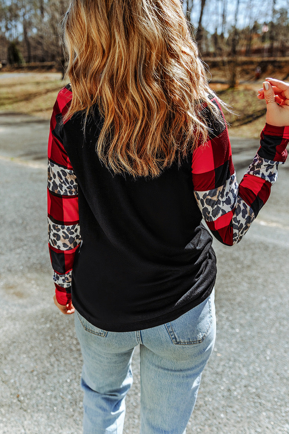 Women's Plaid Leopard-Print Print Long-Sleeve Top
