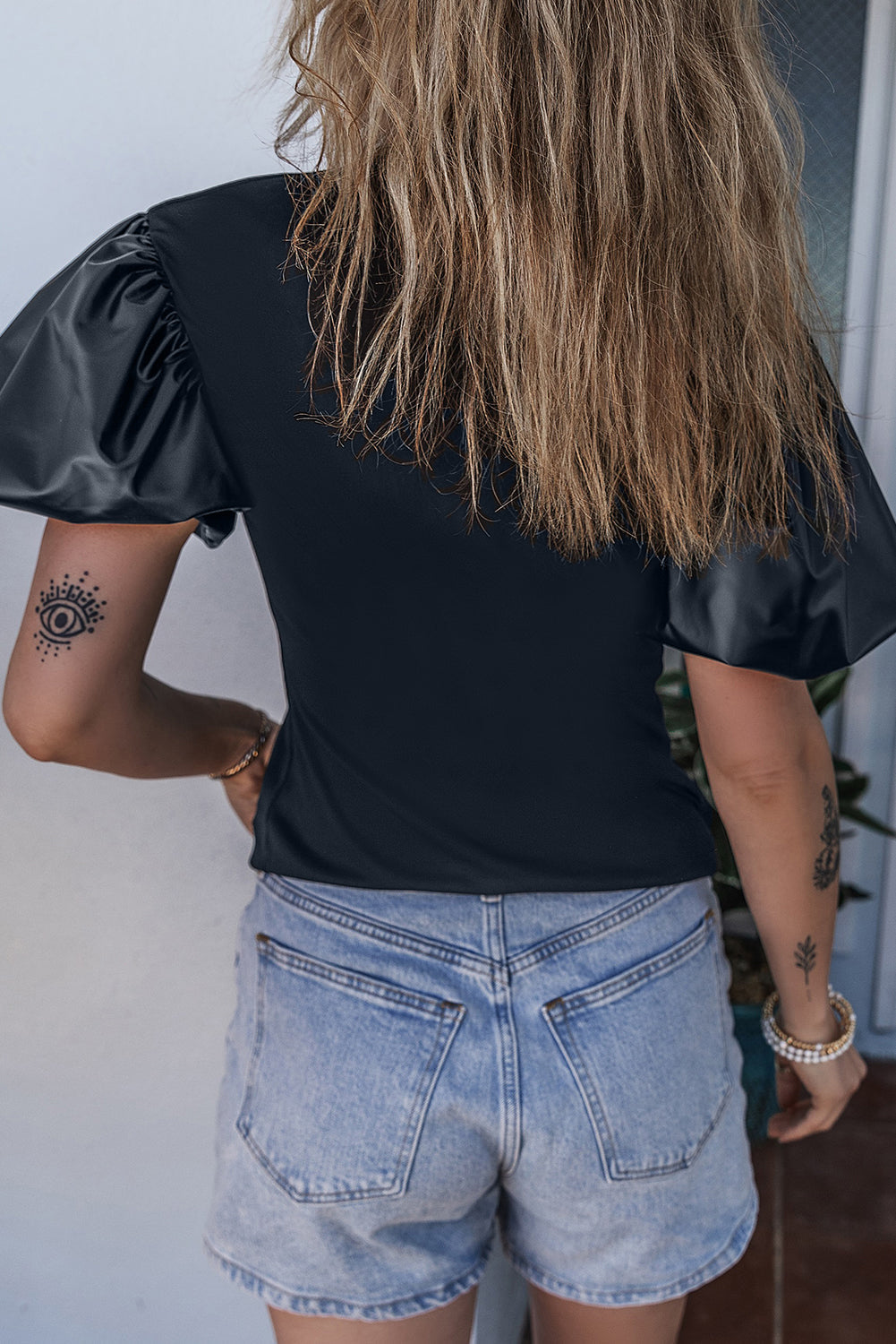 Women's Puff Mock Neck Faux Leather Top