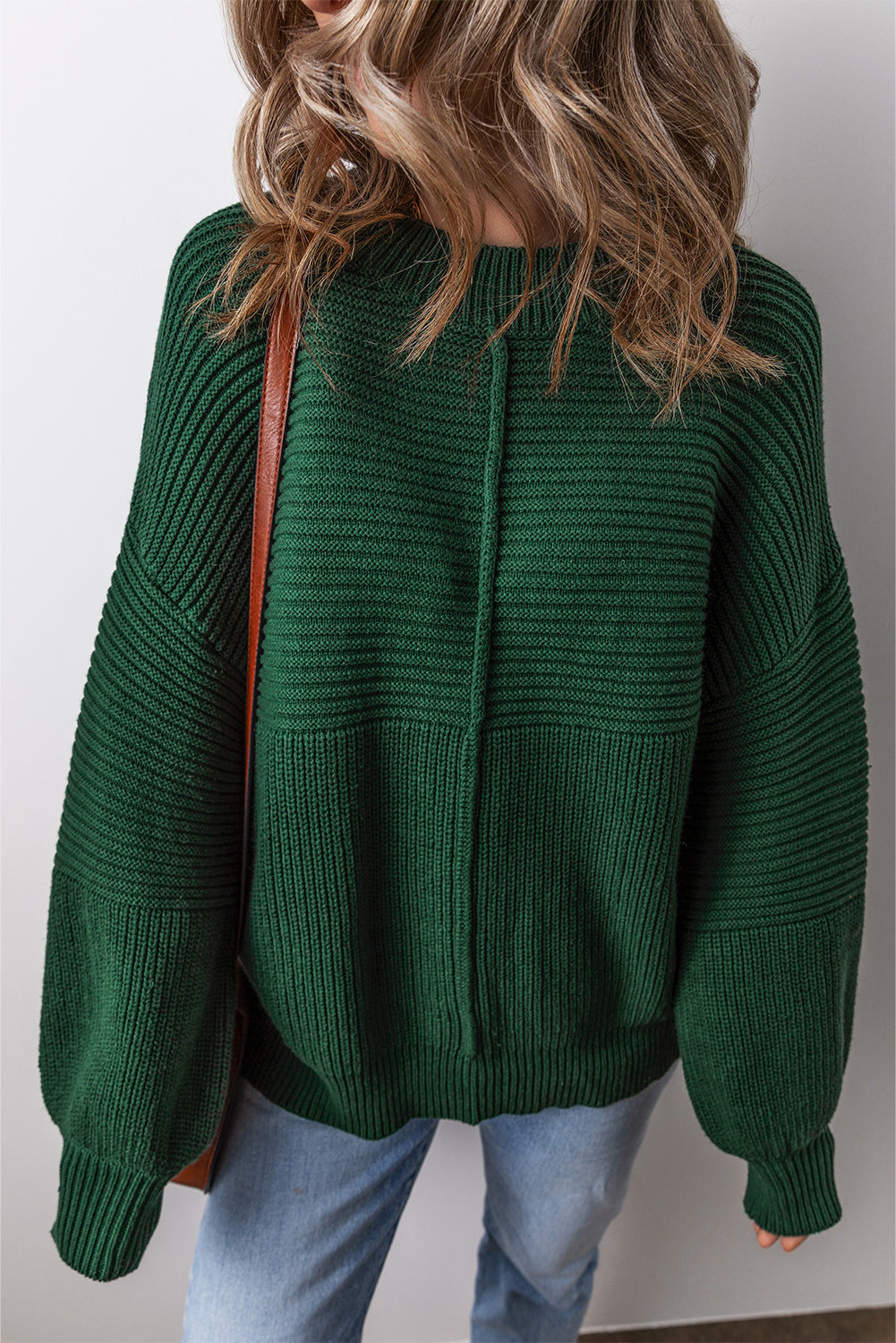 Textured Knit Crewneck Lantern Sleeve Sweater