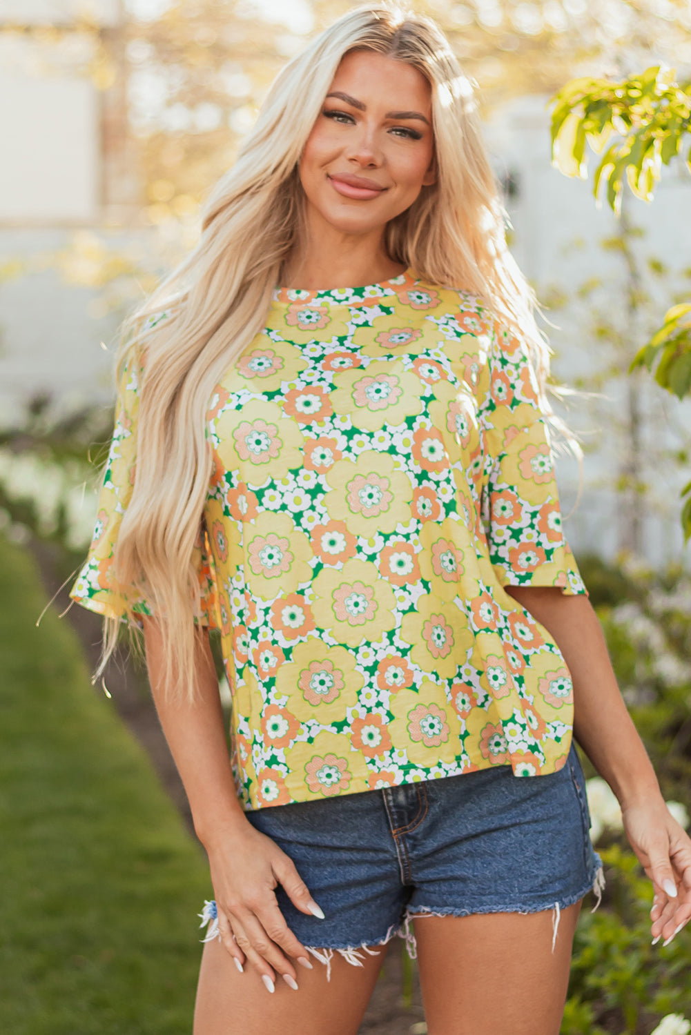 Summer Flower Printed Drop Shoulder Loose T Shirt