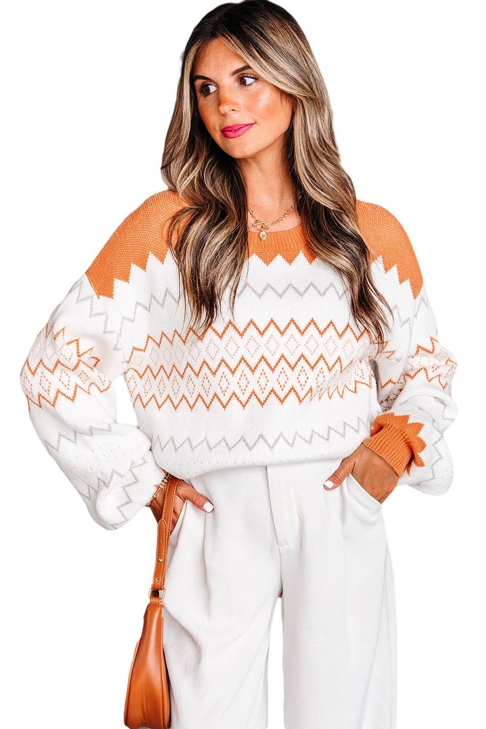 Zigzag Geometric Pattern Knit Pullover Knit Top