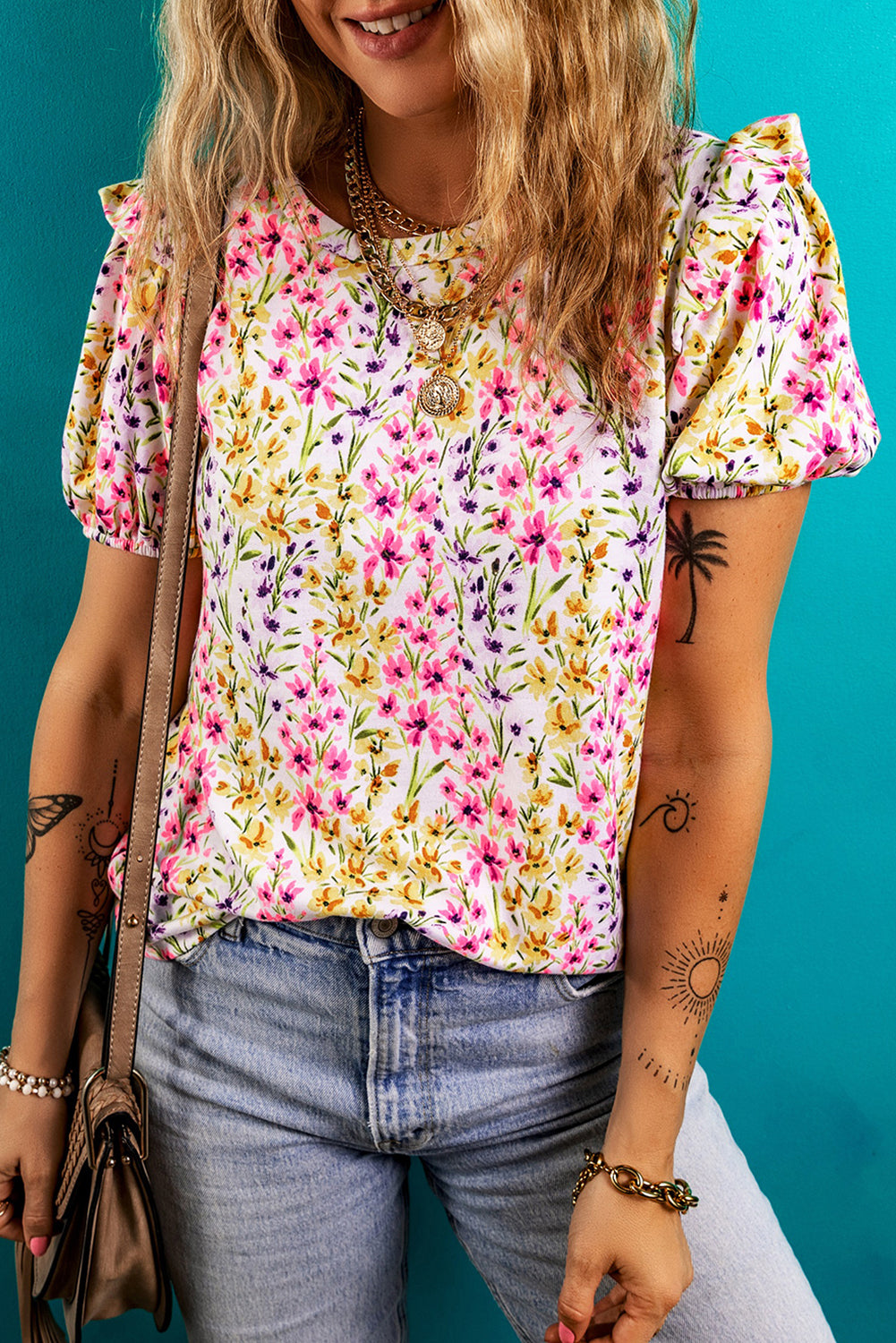 Floral Puff Short-Sleeved Crewneck Blouse
