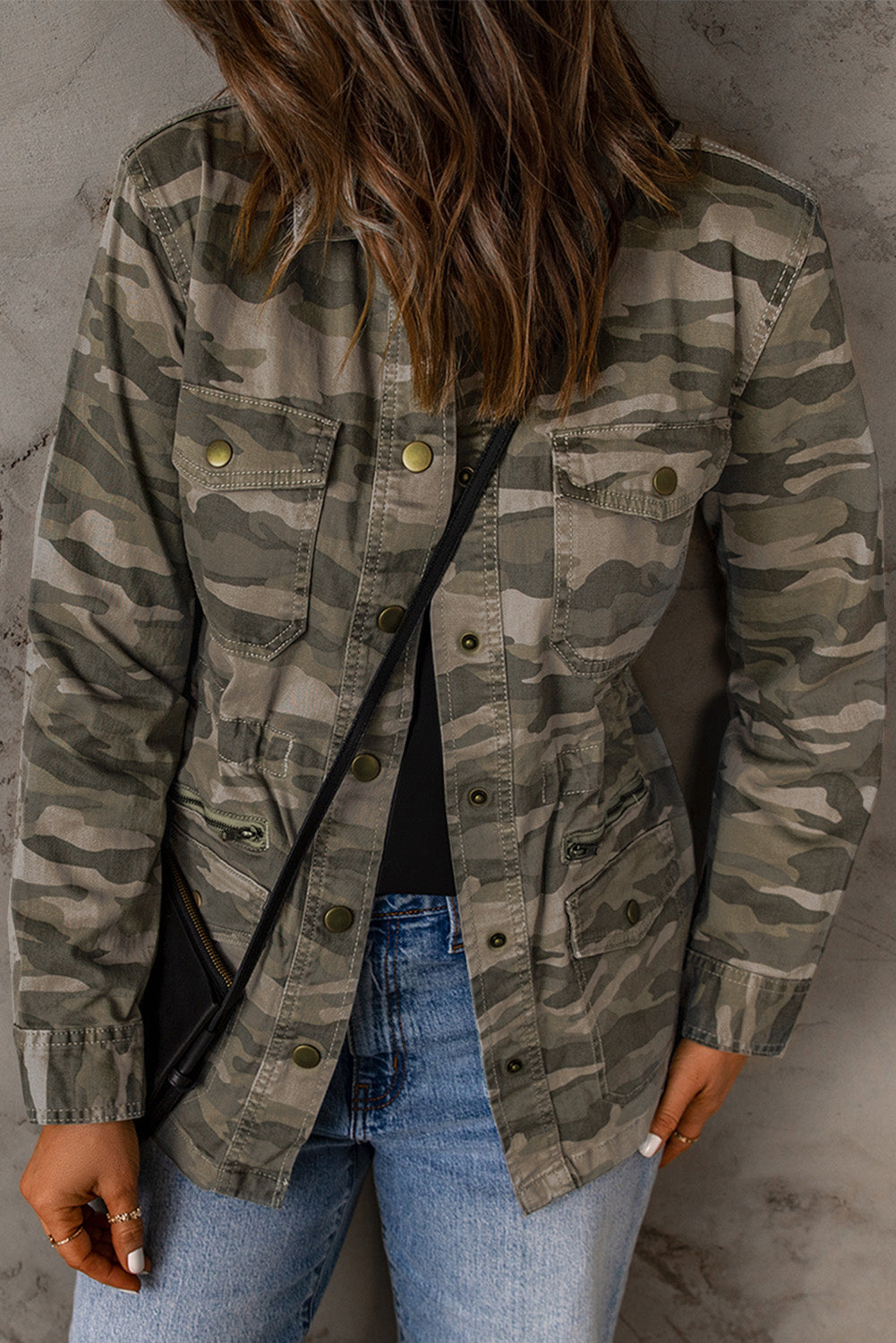 Women's Camouflage-Print Green Multi Pockets Button-Front Jacket