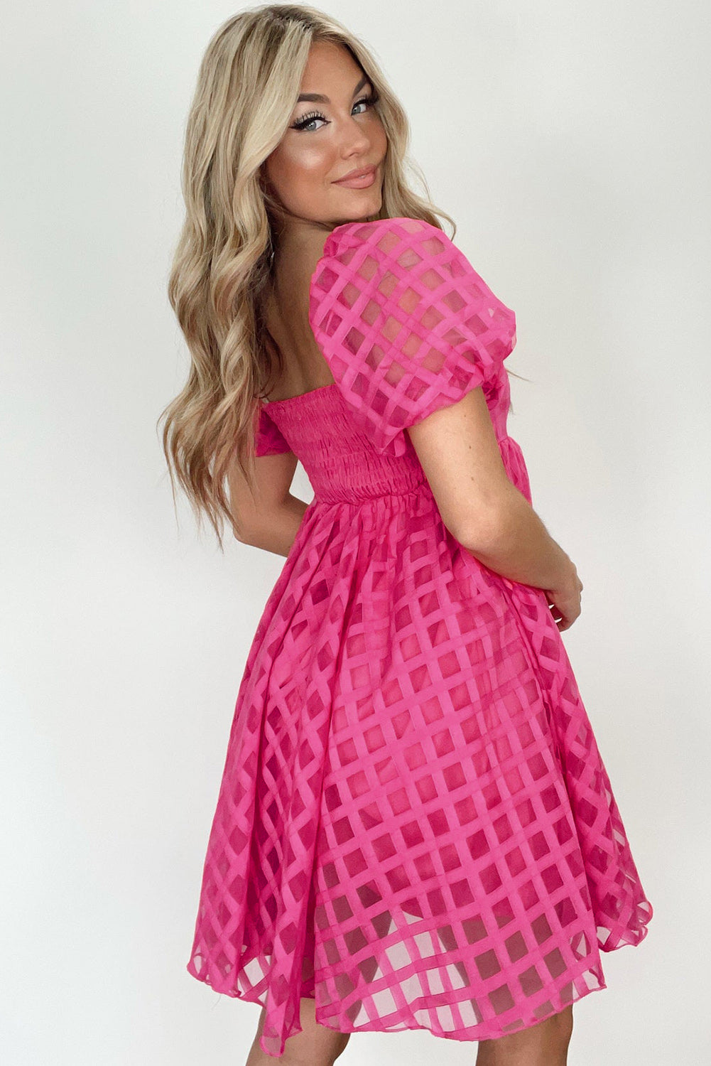 Women's Dress with Checked Balloon Sleeve Babydoll