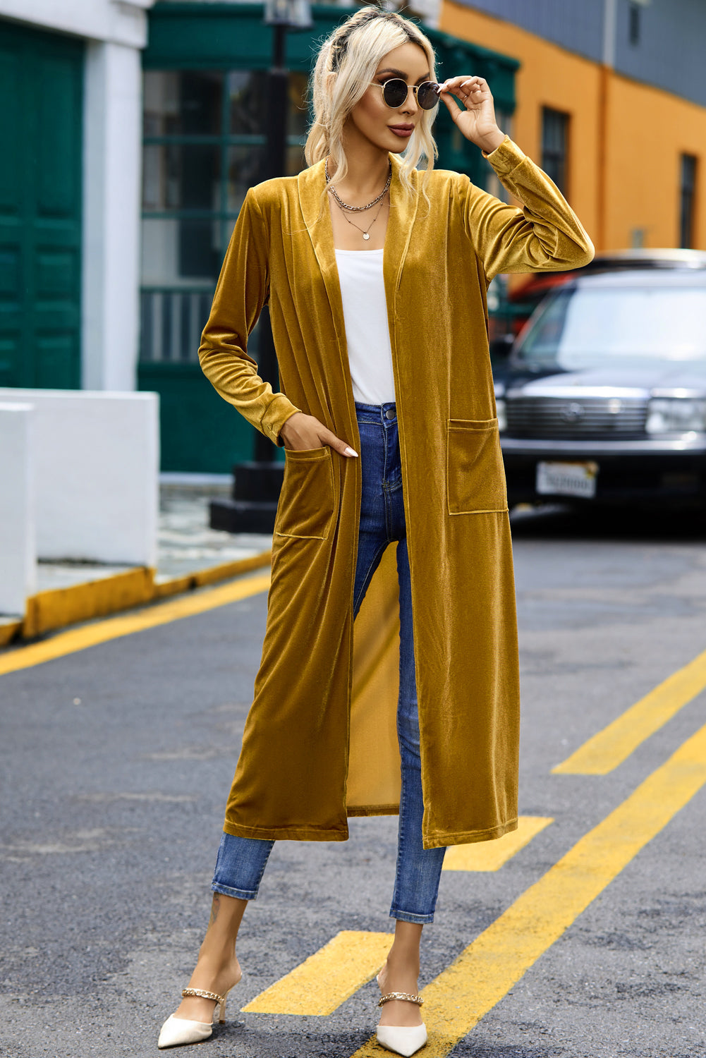Velvet Long Open-Front Pocket-Detail Duster in Yellow