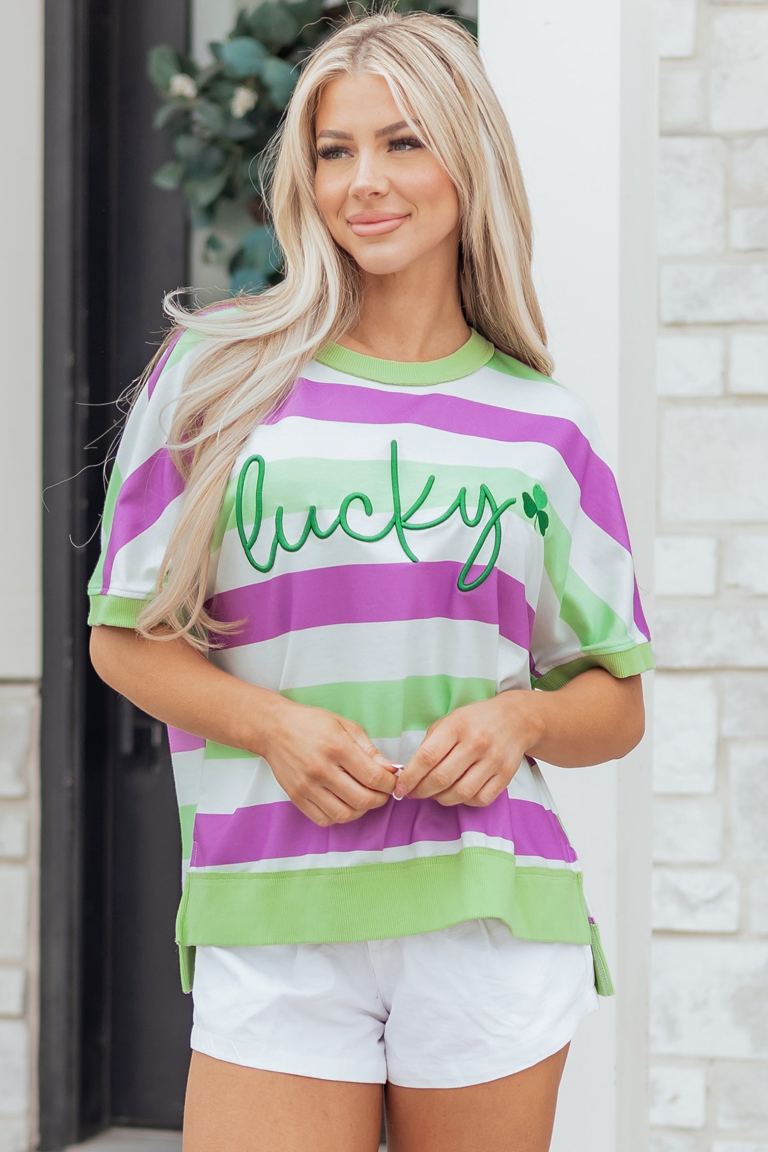 Embroidered Lucky Clover Graphic Dolman Loose Tee