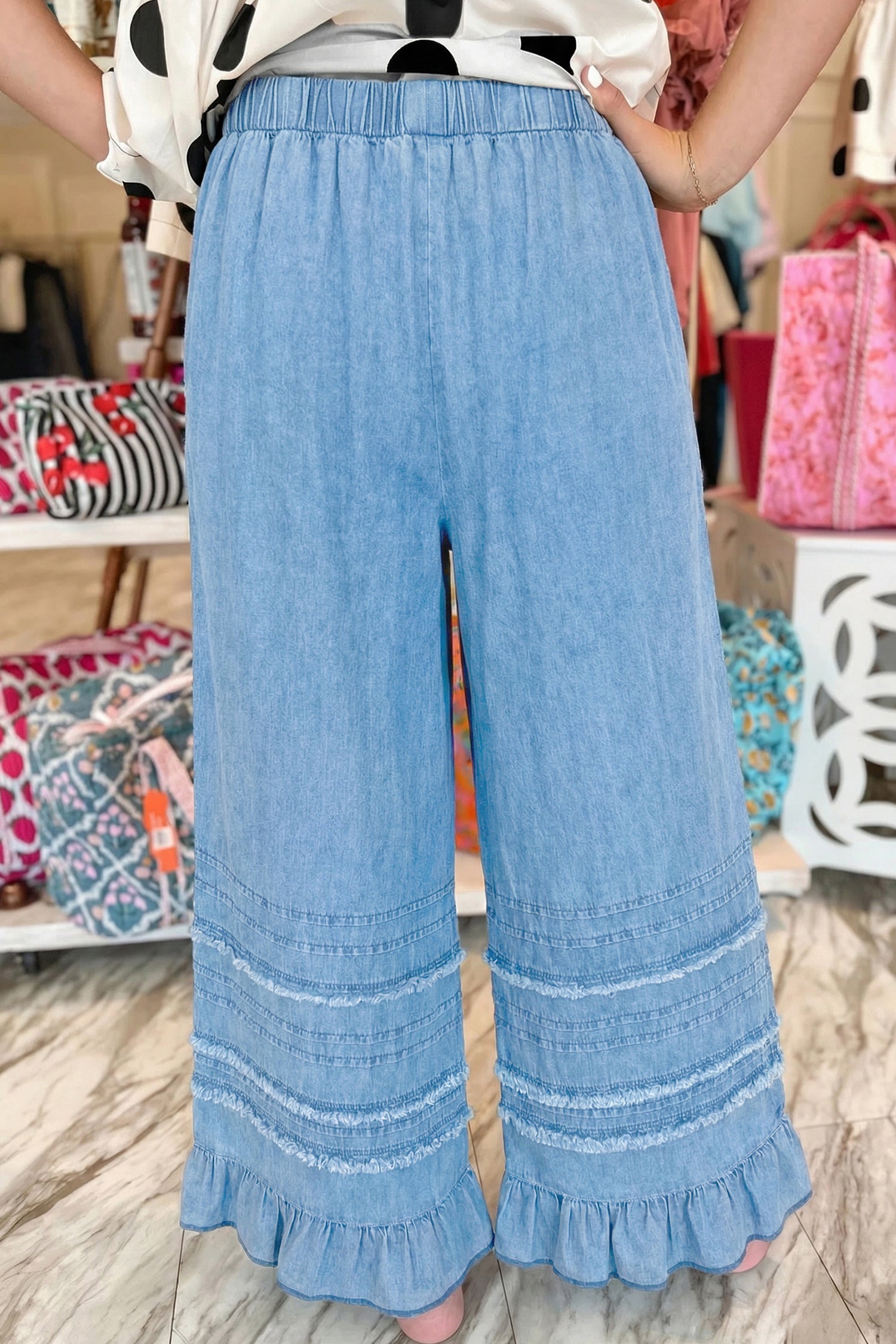 Everyday Ruffled Beau Blue Hem Wide-Leg Chambray Pants