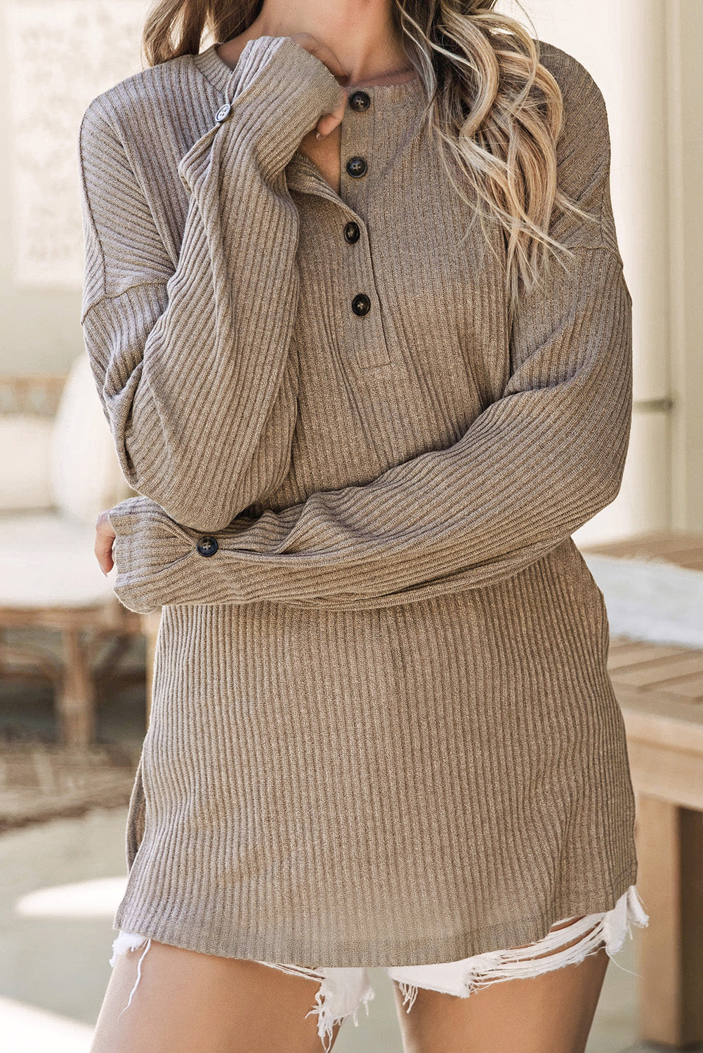 Women's Rib Textured Henley Knit Top