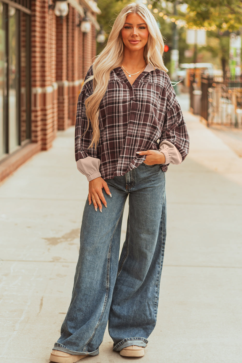 Long-Sleeved Plaid Patchwork Button Hooded Blouse