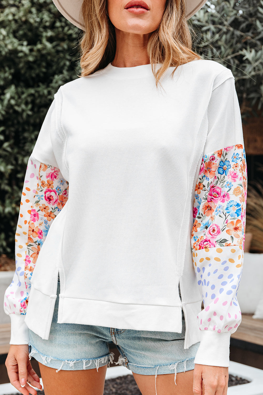 Floral Dotted Mixed Print Patchwork Sleeve High Low Everyday Sweatshirt