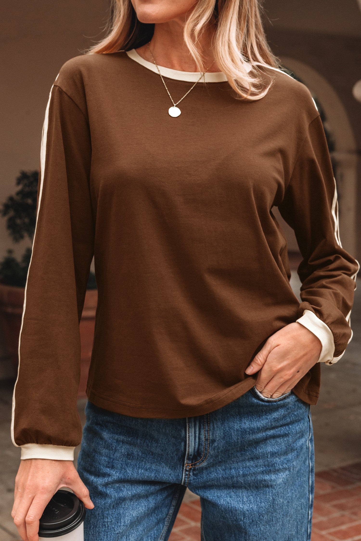 Varsity Contrast Striped Accent Crew-Neck Long-Sleeved T Shirt