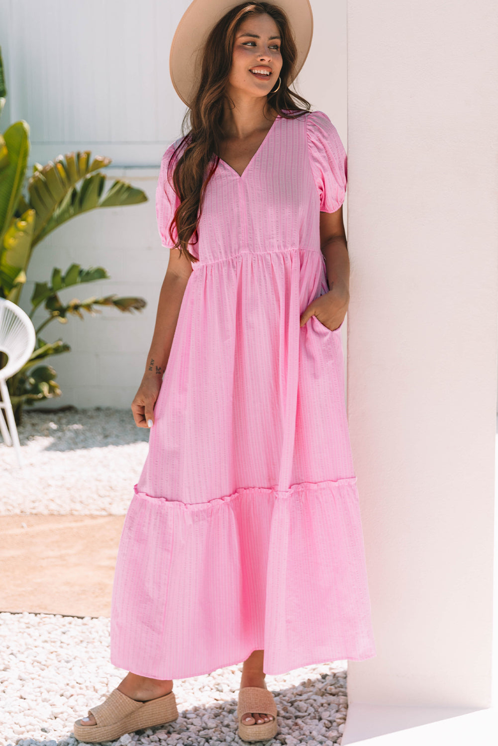 V-Neck Puff Short-Sleeved Maxi Dress