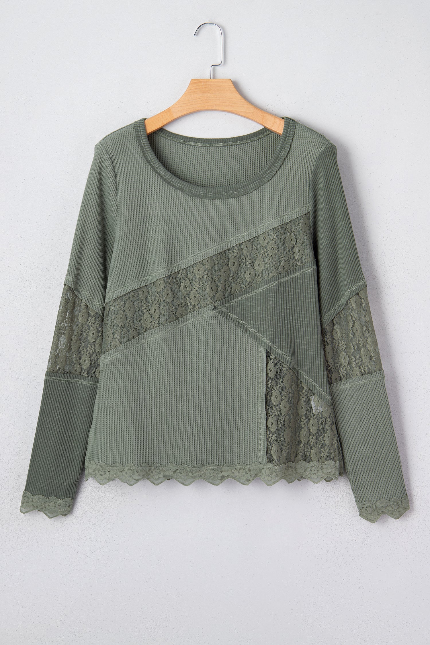Green Waffle Sage Waffle Rib-Knit Lace Patchwork Long-Sleeved Top