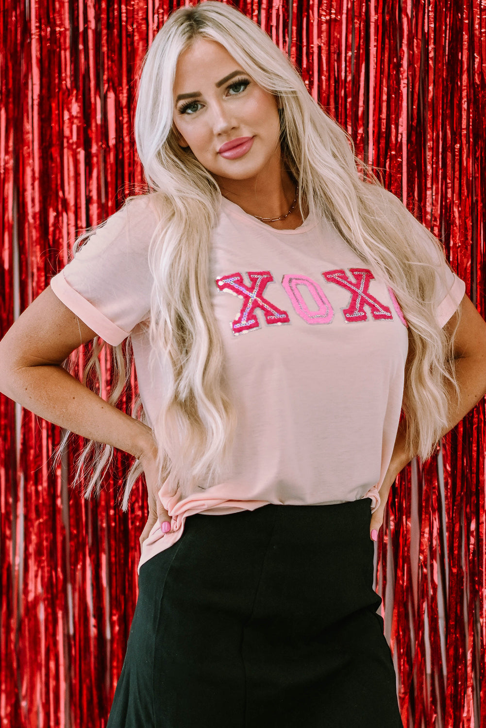 Women's XOXO Graphic-Print Valentines Shiny T-shirt