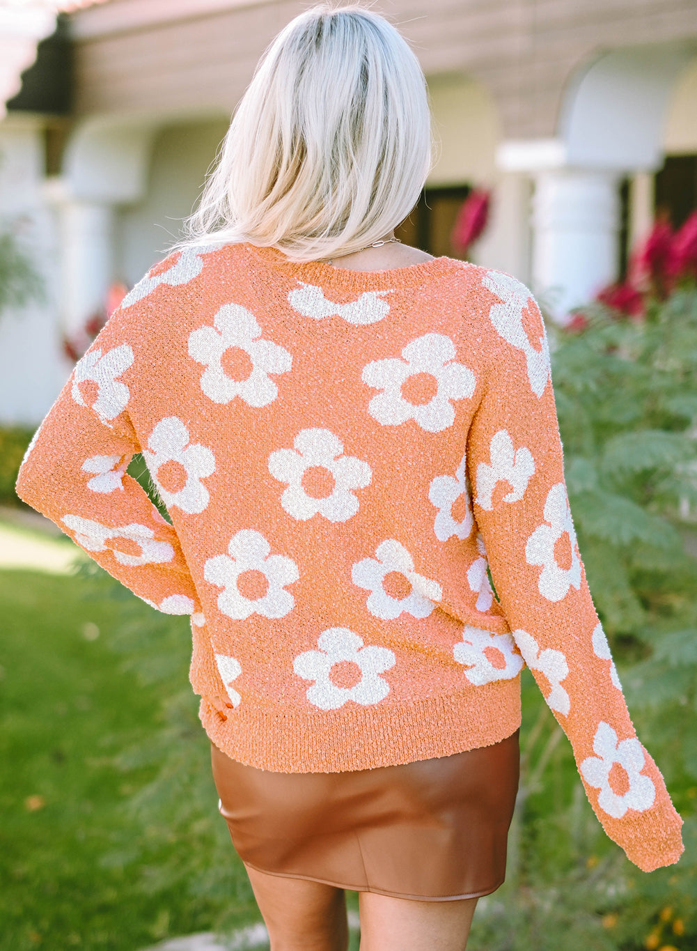 Sweater for Women Dropped-Shoulder Fuzzy Floral-Print Knitted