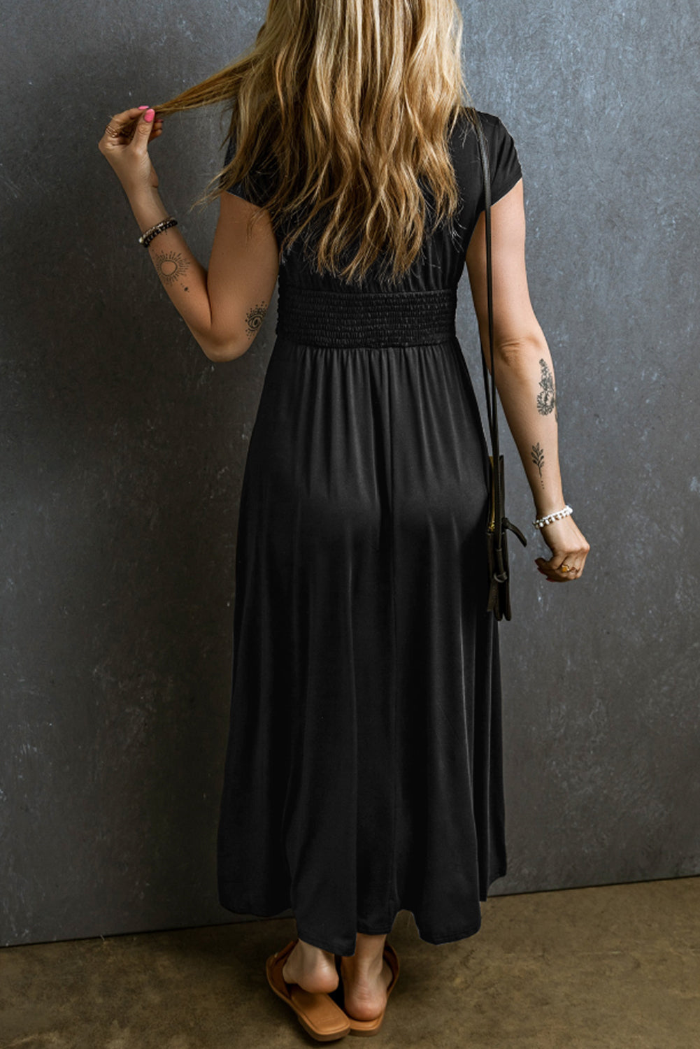 Women's Maxi Dress with Shirred High-Rise V Neck