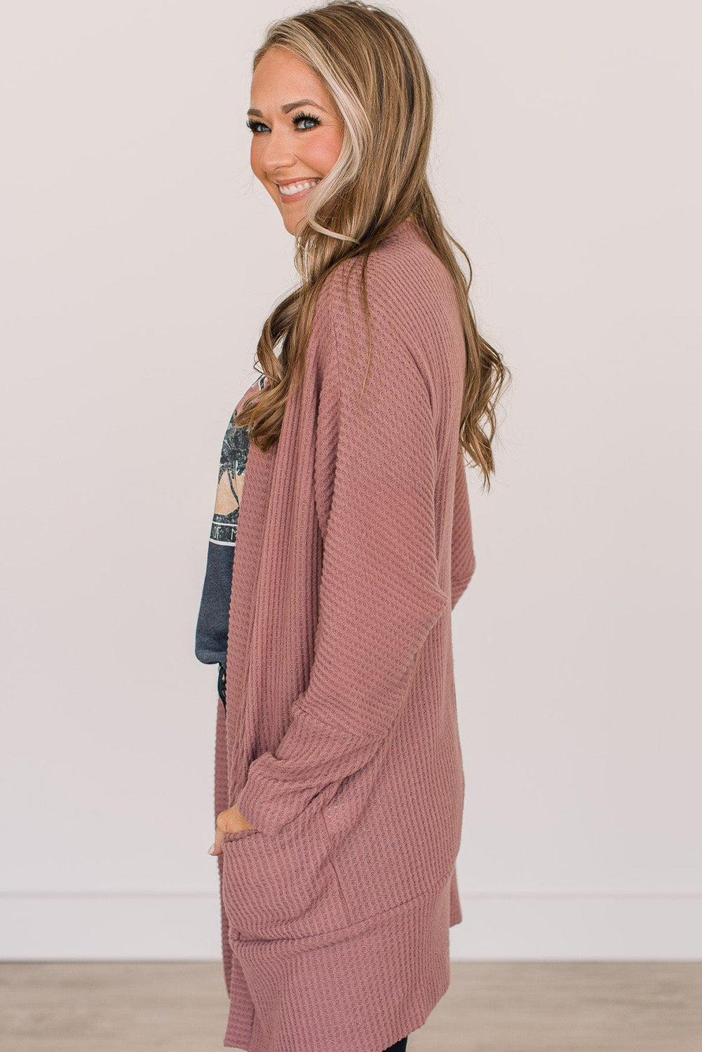 Solid Cardigan Waffle Knit in Mineral Red