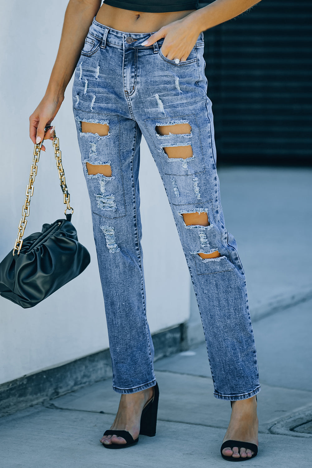 Women's Jeans Featuring Distressed Sky Blue Button-Front