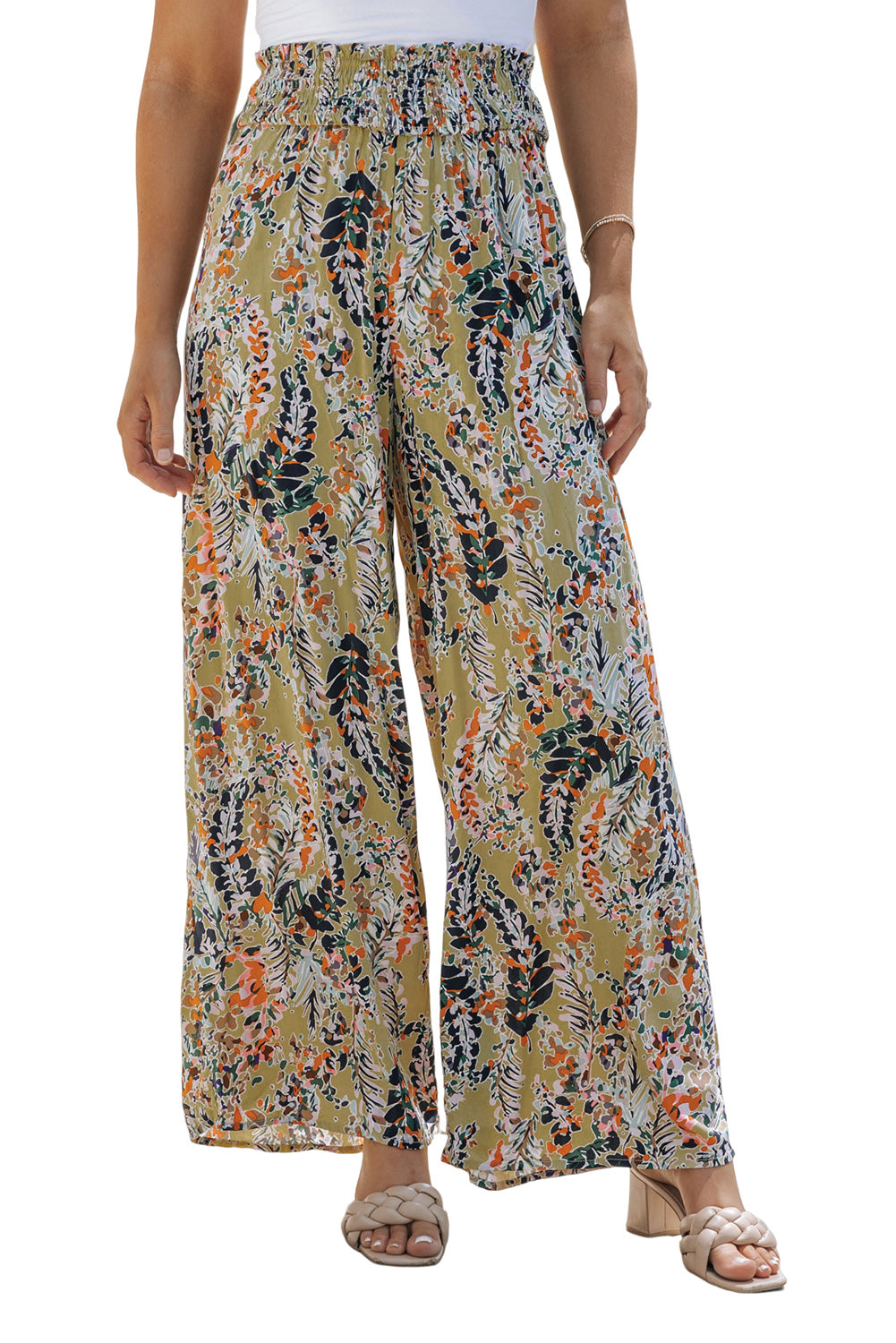 Women's Floral-Print Print Shirred High-Rise Wide-Leg Everyday Pants