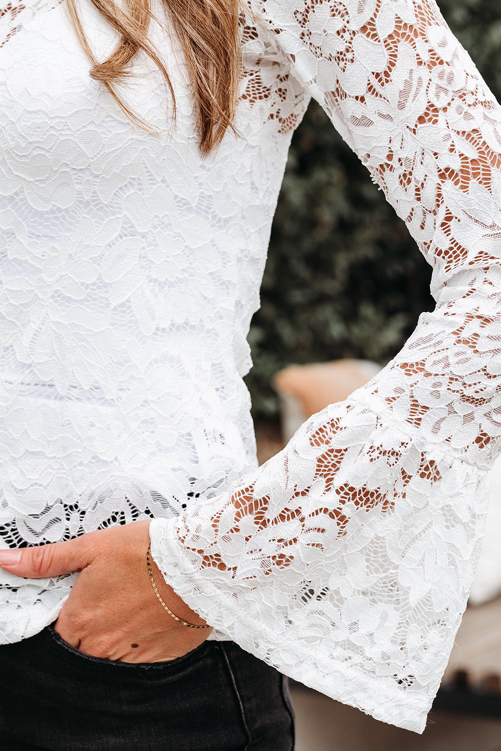 Lace Crochet Bell Sleeve Mock-Neck Blouse