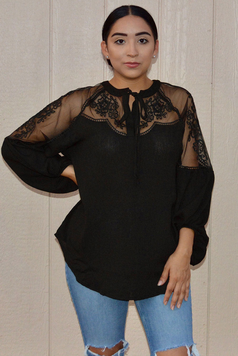Blouse for Women Chic Black Formal Invitation Lace-Trimmed