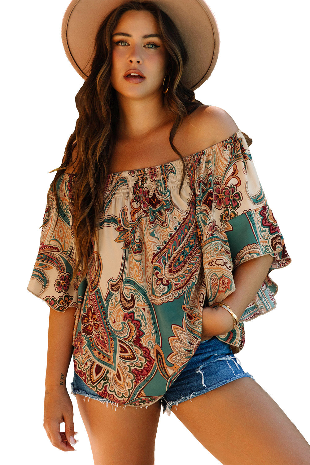 Paisley Printed Shirred Off Shoulder Blouse