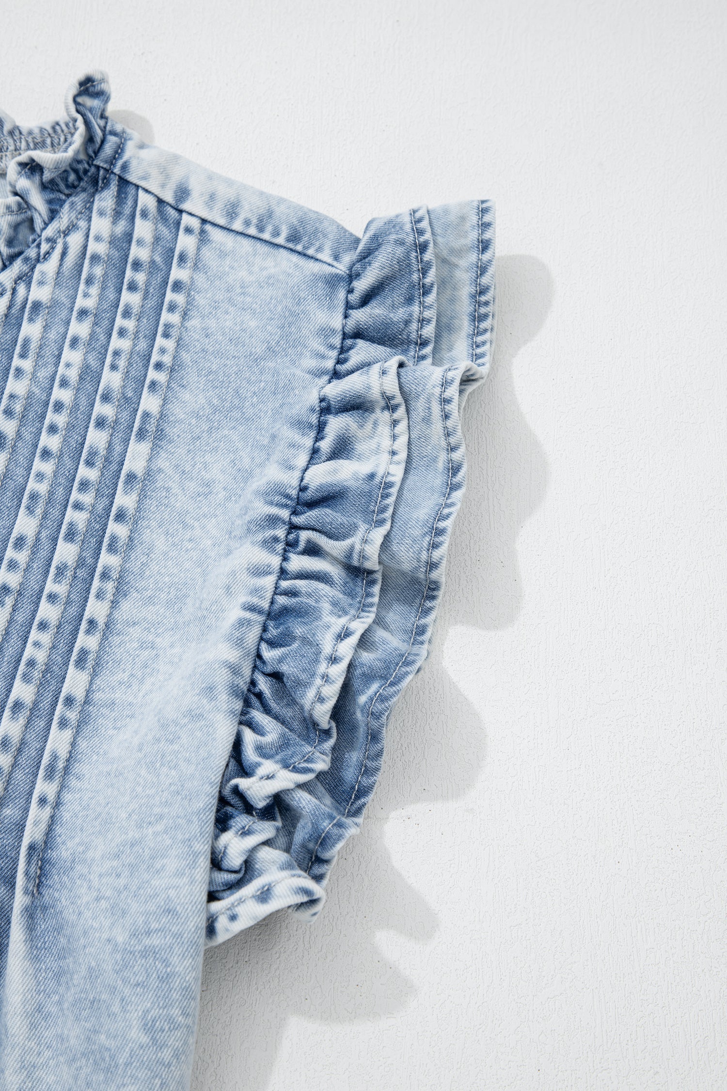 Detail Ruffle Pleated Retro Washed Denim Top in Beau Blue