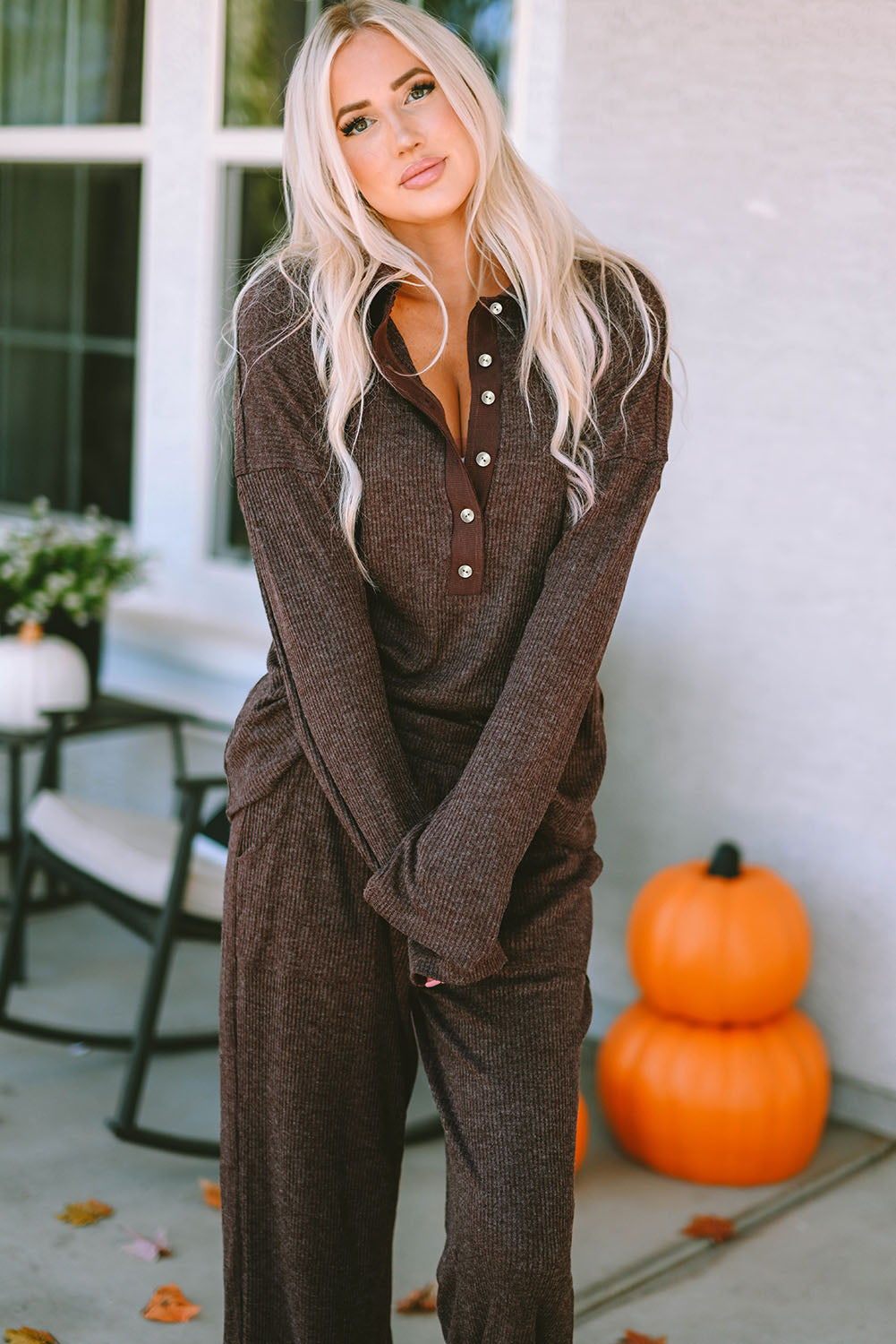 Rib-Knit Henley Knit Collared Top and Pants Lounge Outfit