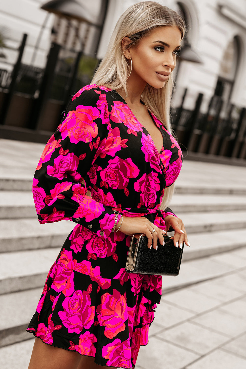 Dresses for Women Print V Neck Wrap Bishop Sleeve Ruffle-Trimmed Layered Mini Floral-Print