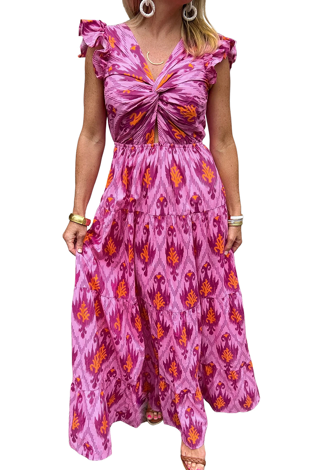 Women's Maxi Dress with Ruffle-Trimmed Sleeve Twist-Front