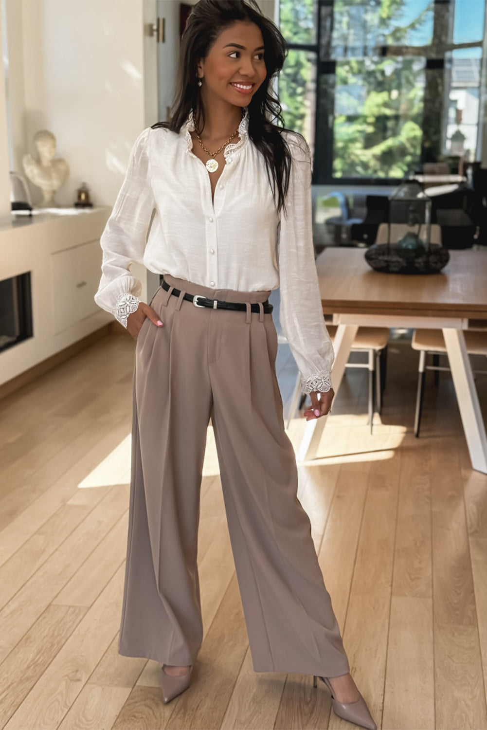 Lace Patchwork Button-Front Stand-Neck Loose Shirt
