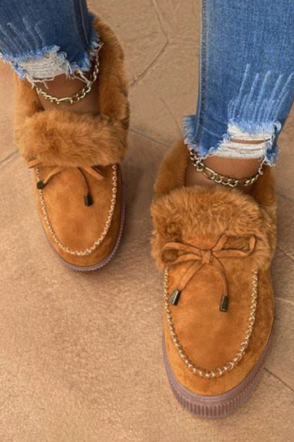 Bow Decor Faux Suede Plush Lined Winter Flats