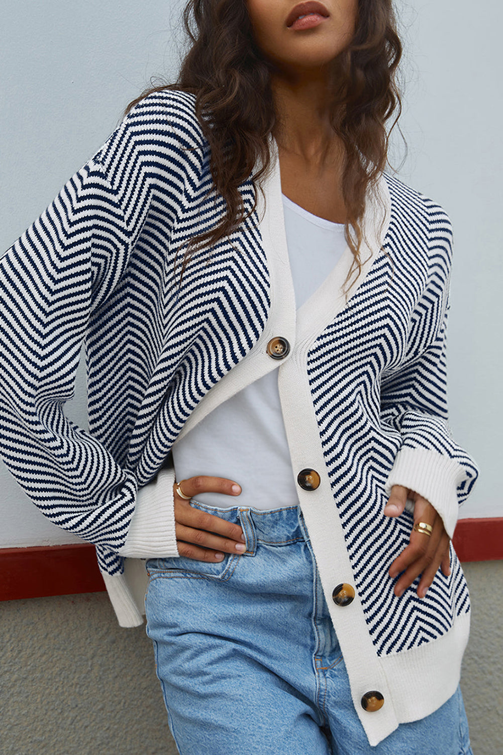 Button-Front Herringbone Stripe Herringbone Cardigan in Blue