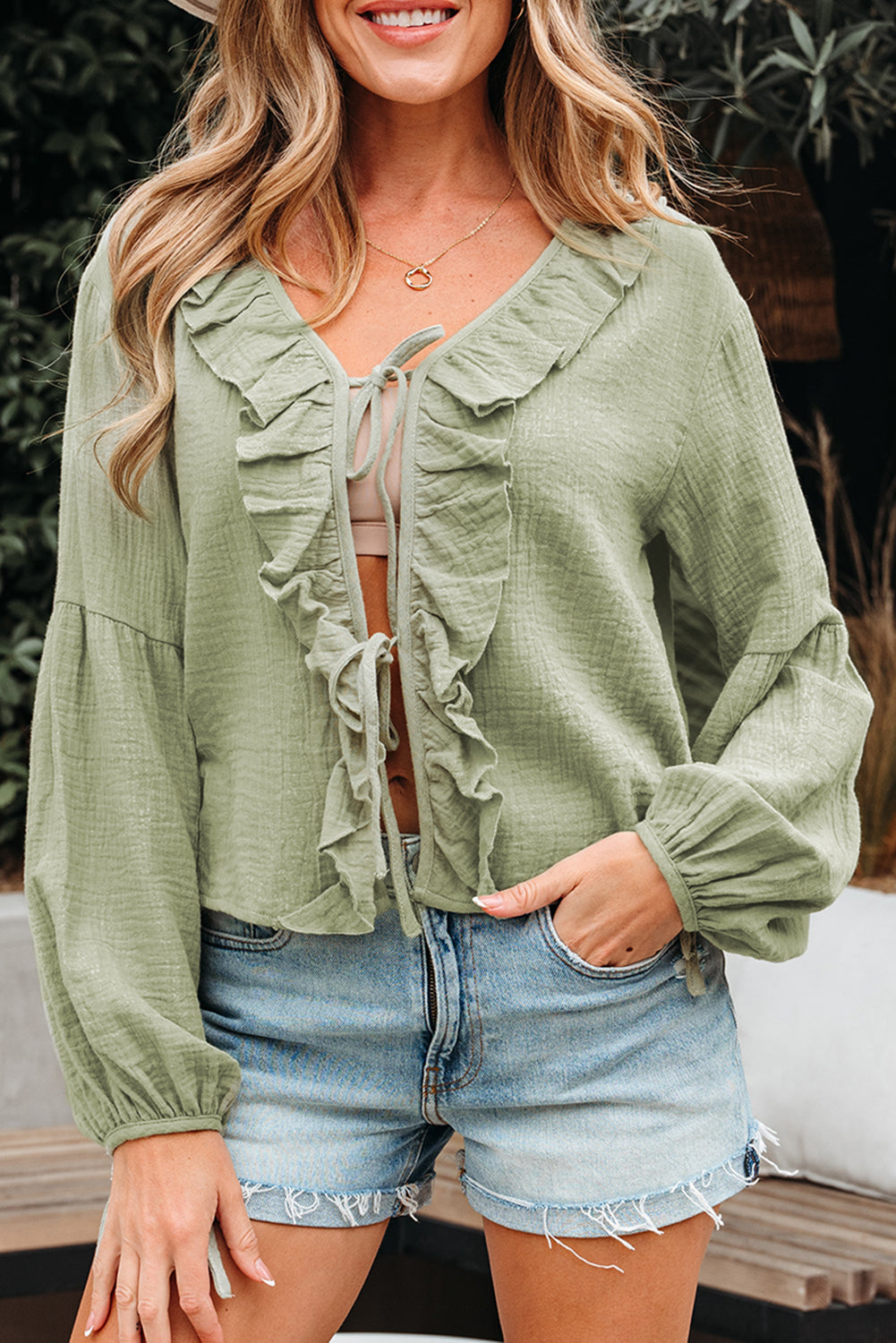 Bow Ruffle Tie Front Trim V-Neck Long-Sleeved Gauze Blouse