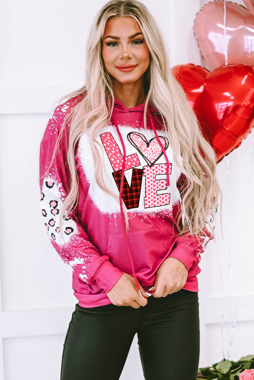Women's Hoodie Featuring LOVE Leopard-Print Bleached Pocket