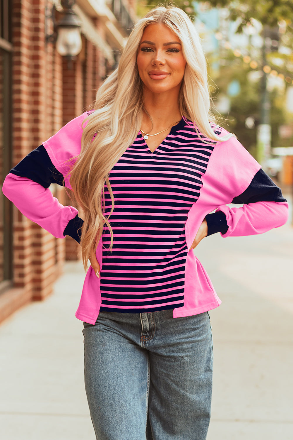 Stripe Colorblock V-Neck Easy-Fit Fit Long-Sleeved Top in Pink